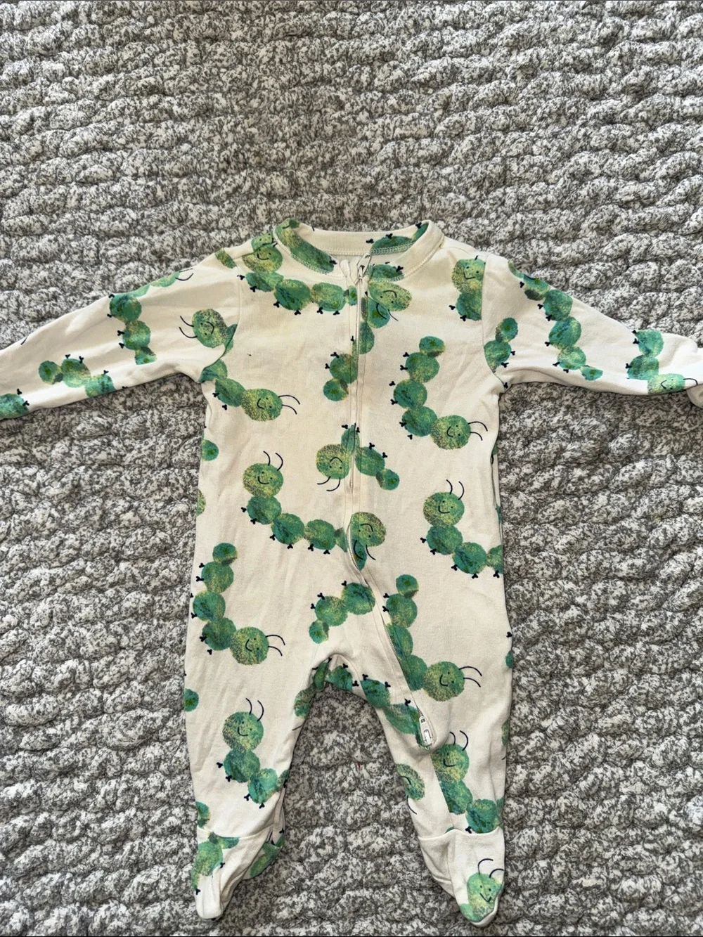 Old Navy Cream One-Piece Footed Pajamas with Green Caterpillar Print
